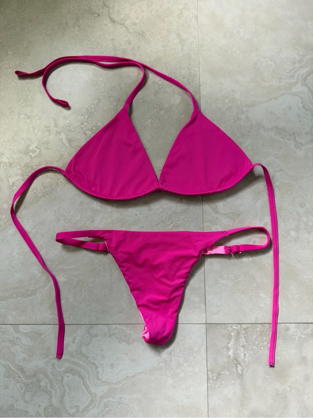 Strapless Bandeau Triangle Top Bikini Thong Set in Vibrant Pink 3-piece